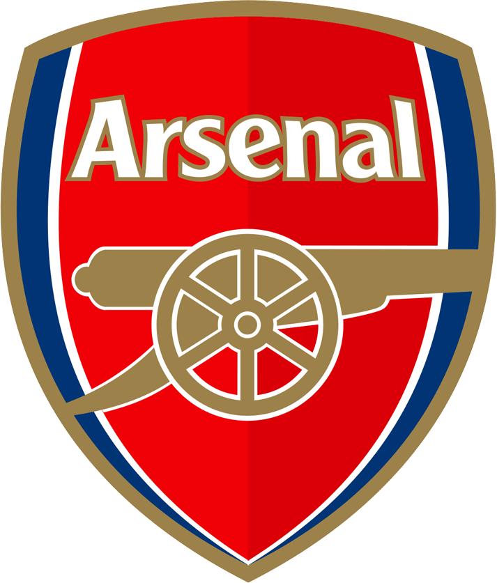 Arsenal football club emblem featuring a gold cannon and the word 'Arsenal' on a red and blue shield.